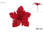 NATALE STELO FIORE 26CM ROSSO VELLUTO C/PAILLETTES GLITTERATE 2ESSE